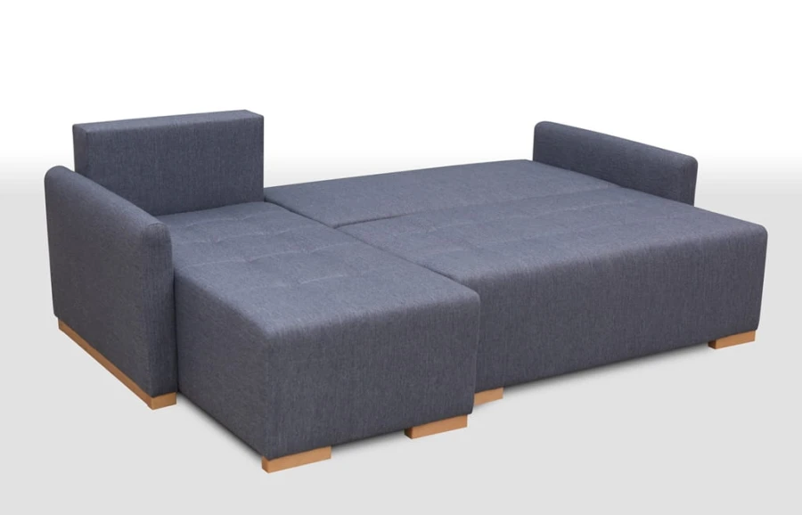 Graues Schlafsofa mit Ausziehfunktion, umgewandelt in eine Liegefläche.