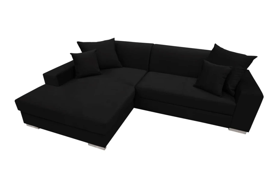 Schwarze Eckcouch mit Kissen und Metallfüßen