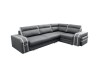 Modernes Ecksofa in Grau mit L-Form und hellen Zierstreifen vor weißem Hintergrund.