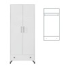 Weißer Kleiderschrank mit 2 Türen, einer Schublade und technischer Zeichnung der Aufteilung.