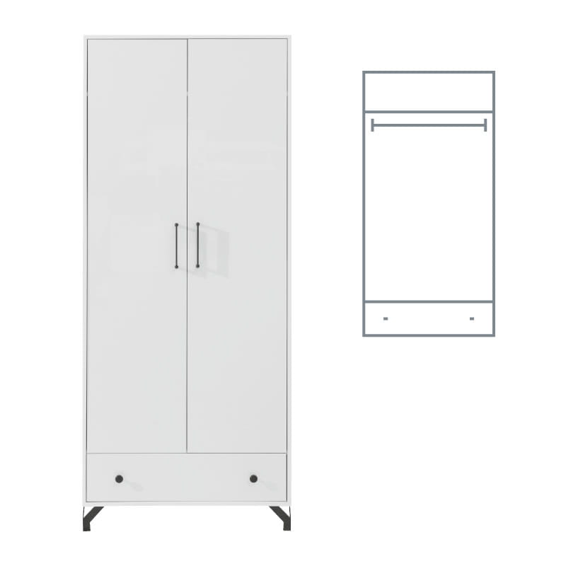 Weißer Kleiderschrank mit 2 Türen, einer Schublade und technischer Zeichnung der Aufteilung.