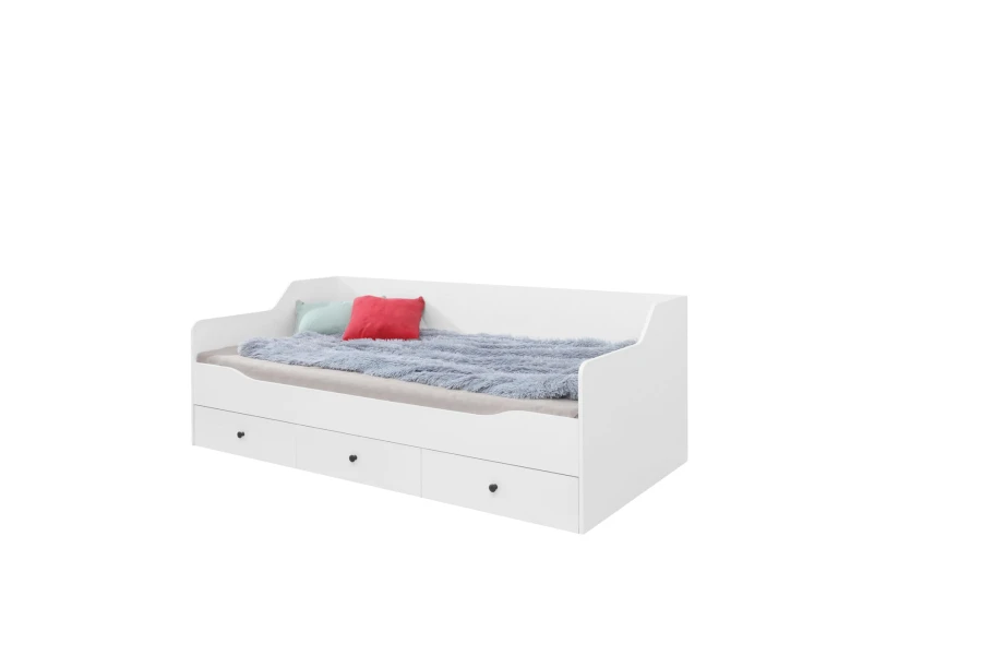 Weißes Funktionsbett mit drei geräumigen Schubladen, dekorativen Kissen und einer grauen Kuscheldecke.