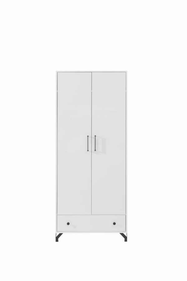 Weißer Kleiderschrank mit zwei Türen, einer Schublade und schwarzen Füßen im modernen Design.