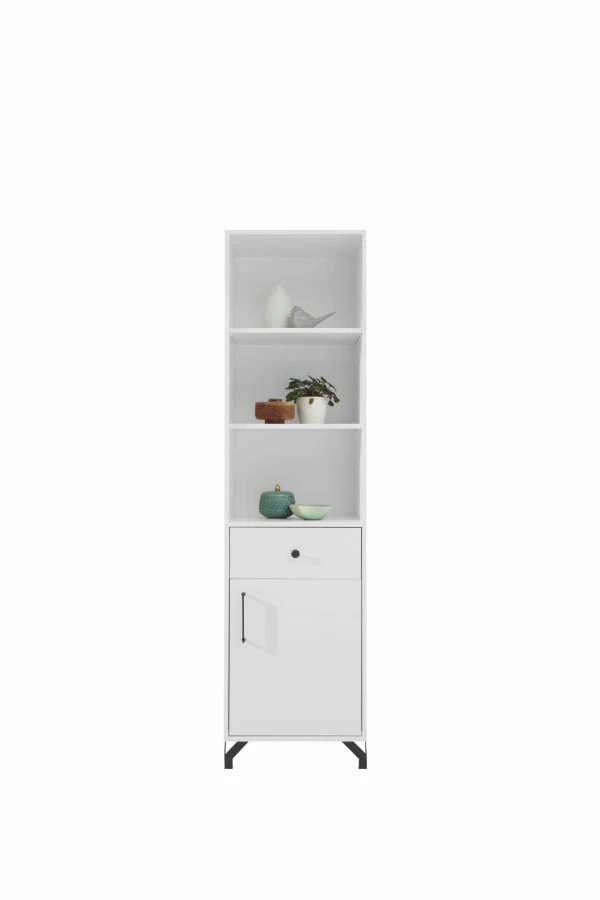 Schmaler weißer Hochschrank mit drei offenen Regalfächern, einer Schublade und einer Tür.