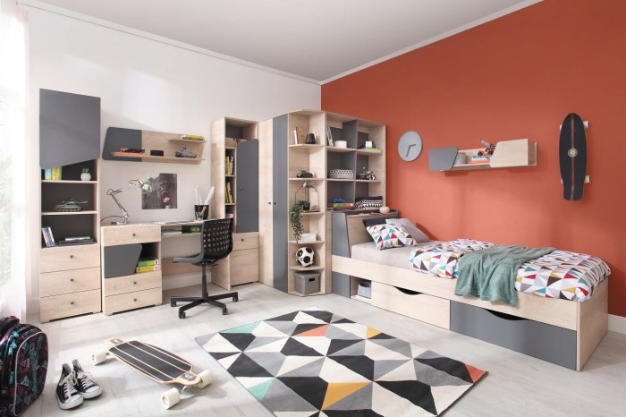 Komplettes Jugendzimmer-Set in Eichenoptik und Anthrazit mit Bett, Schreibtisch und großem Stauraum.