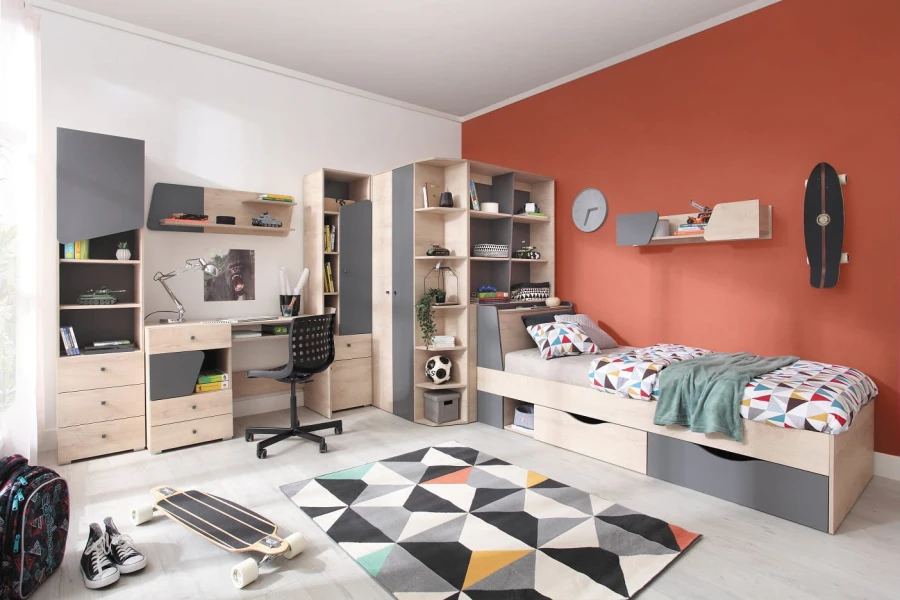Komplettes Jugendzimmer-Set in Eichenoptik und Anthrazit mit Bett, Schreibtisch und großem Stauraum.