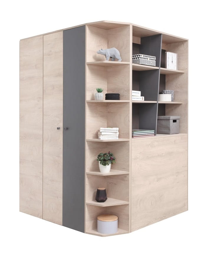 Platzsparender Eckkleiderschrank mit offenen Regalfächern und modernem zweifarbigem Design in Holz und Grau.