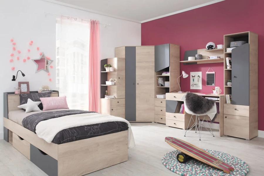 Komplettes Jugendzimmer-Set in Eiche und Grau mit Bett, Schreibtisch und Schrank