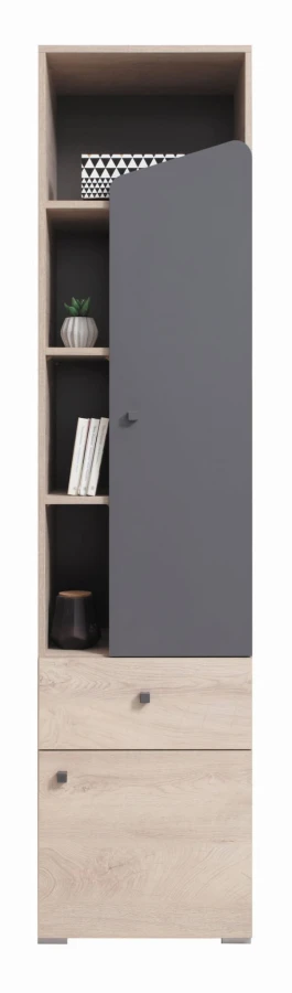 Schmaler Hochschrank mit grauer Front und offenen Regalfächern in hellem Holzdesign.