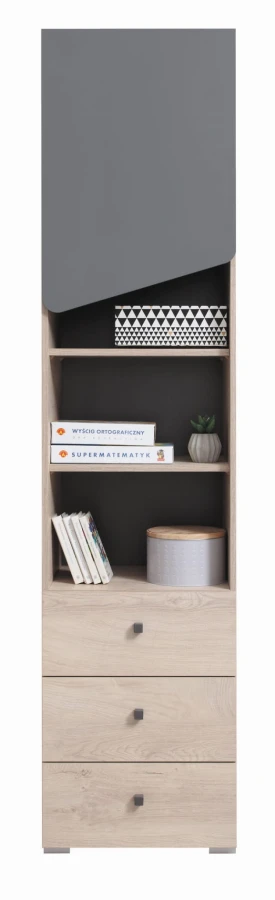 Bücherregal mit drei Schubladen und grauer Tür, modernes Design in Eiche-Nachbildung.
