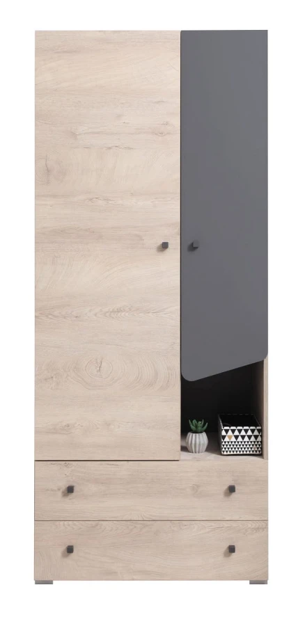 Zweitüriger Kleiderschrank für das Jugendzimmer in Eiche-Nachbildung mit grauer Tür und Schubladen.