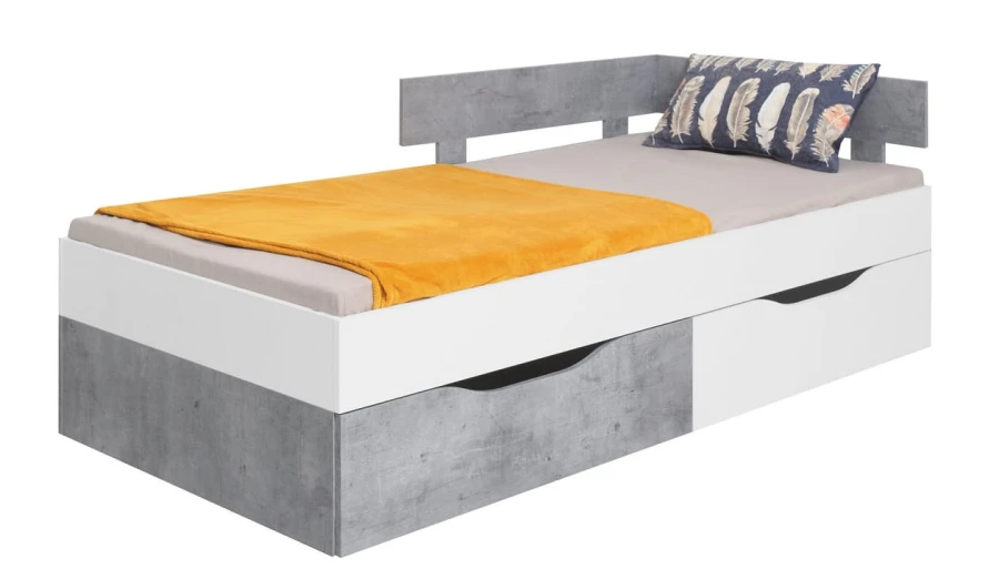 Modernes Jugendbett in Weiß und Betonoptik mit praktischen Bettschubladen.
