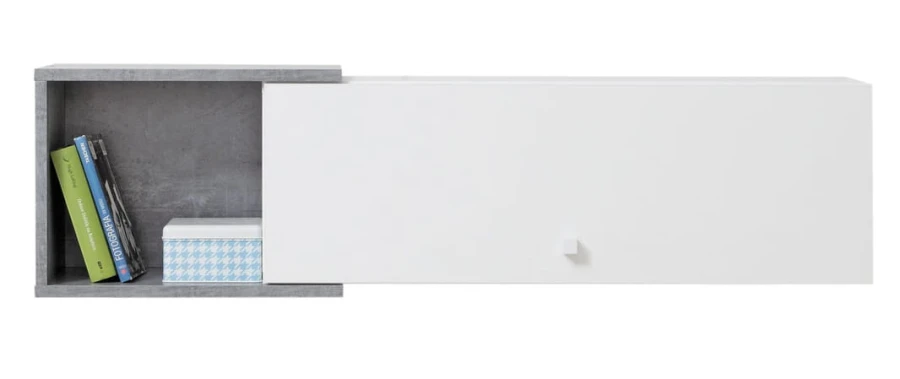 Minimalistisches Wandregal in Weiß und Grau mit Schiebetür für das Kinderzimmer.