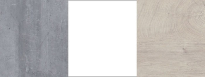 Material- und Farbmuster: Betonoptik, glattes Weiß und helle Eiche-Nachbildung.