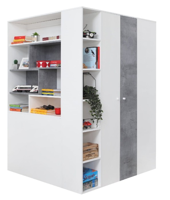 Weißer Eckkleiderschrank mit integriertem Regal in Betonoptik.