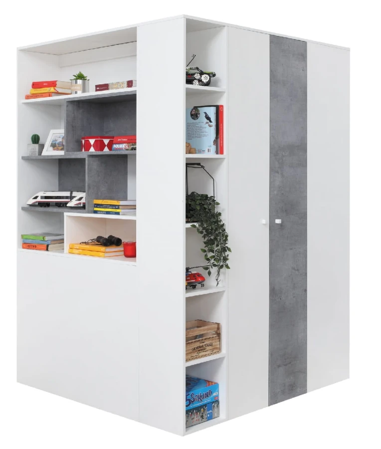 Multifunktionaler Eckschrank in Weiß und Grau mit integrierten Regalen.