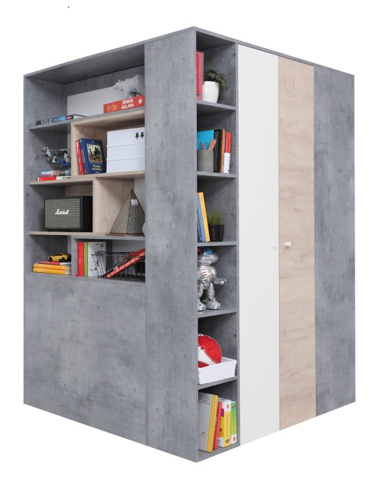 Moderner Eckkleiderschrank in Grau und Weiß mit offenen Regalfächern.