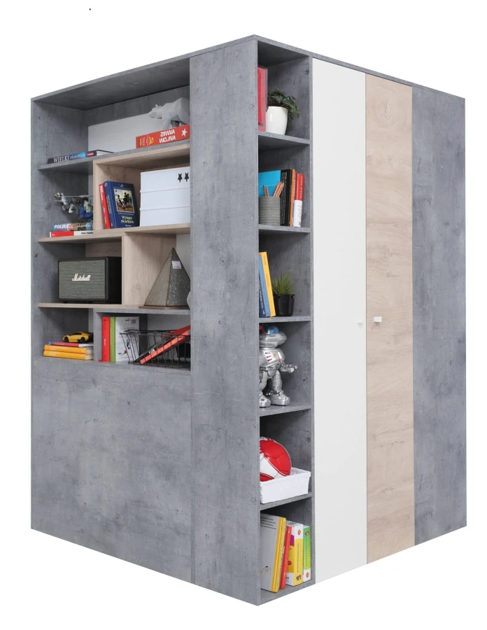 Moderner Eckkleiderschrank in Grau und Weiß mit offenen Regalfächern.