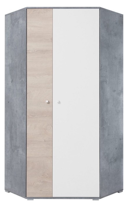 Moderner Eckschrank in Grau, Weiß und Eiche-Nachbildung.