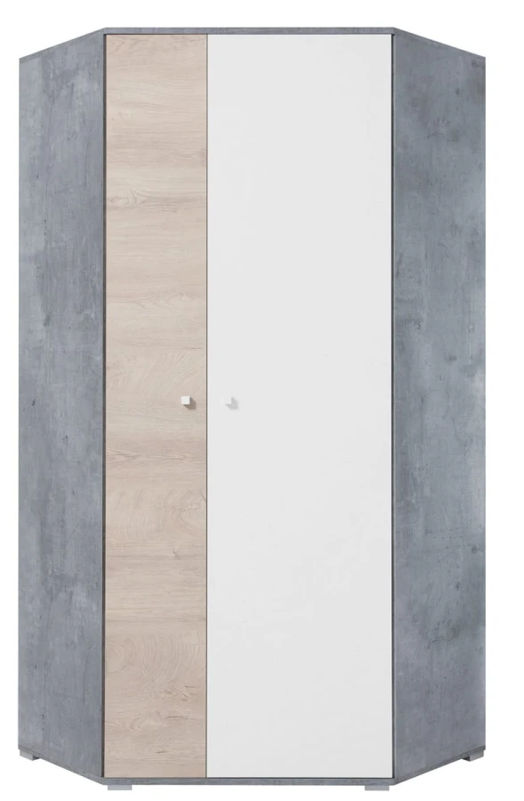 Moderner Eckschrank in Grau, Weiß und Eiche-Nachbildung.