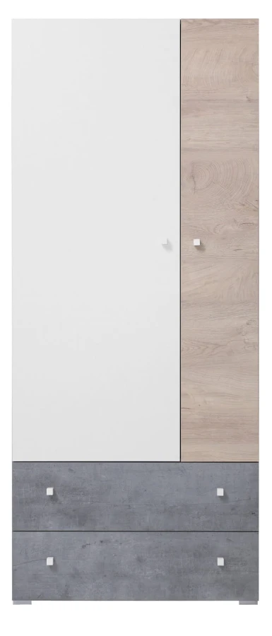 Schmaler Kleiderschrank in Weiß und Eiche mit grauen Schubladen.