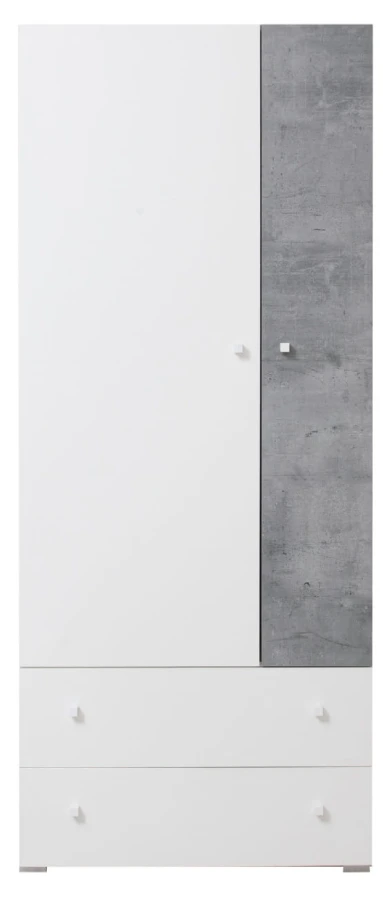 Kombischrank in Weiß und Grau-Beton-Optik mit zwei Schubladen.