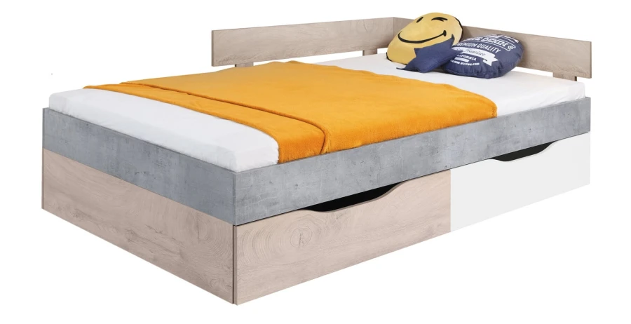 Modernes Funktionsbett in Betonoptik und Eiche mit praktischen Bettschubladen für mehr Stauraum.