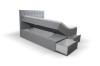Graues Boxspringbett mit Knopfheftung, offenem Bettkasten und zwei Schubladen.