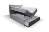Graues Boxspringbett mit gestepptem Kopfteil, Bettkasten und Stauraumschubladen.