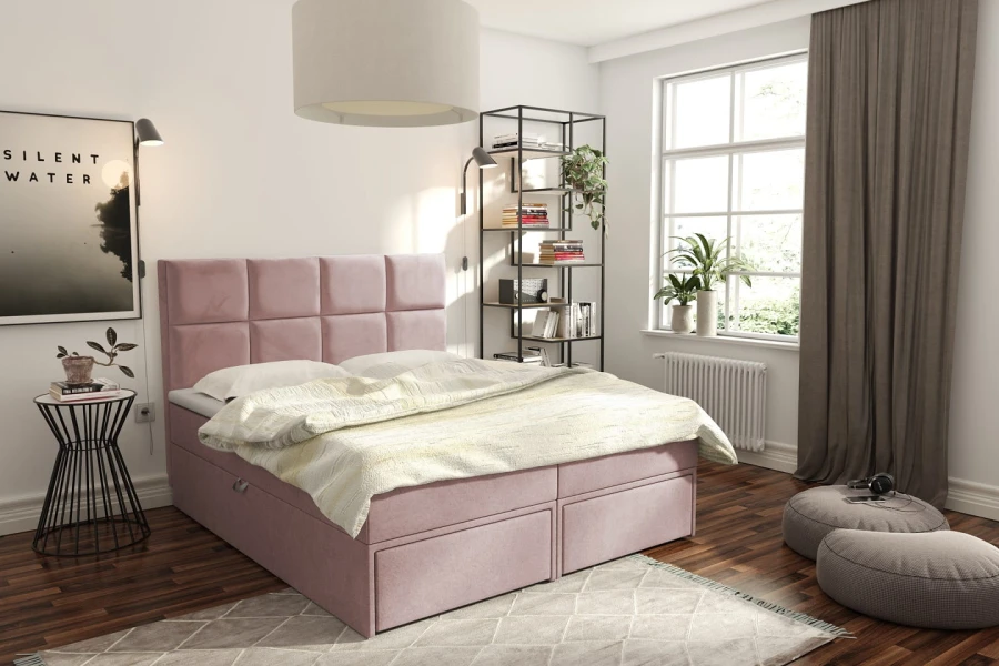 Rosa Boxspringbett mit quadratischer Steppung und Schubladen im hellen Schlafzimmer.