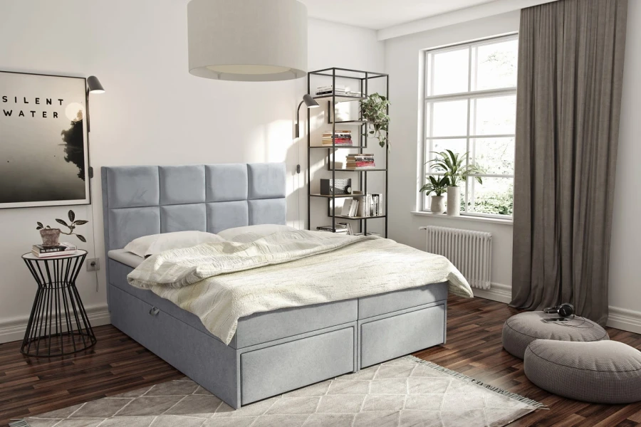 Hellblaues Boxspringbett mit funktionalen Schubladen in modernem Schlafzimmer-Design.