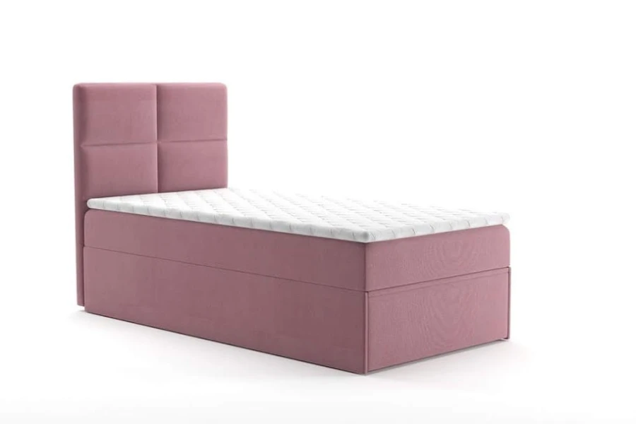 Rosa Boxspringbett für Einzelpersonen mit gepolstertem Kopfteil und weißer Matratze.