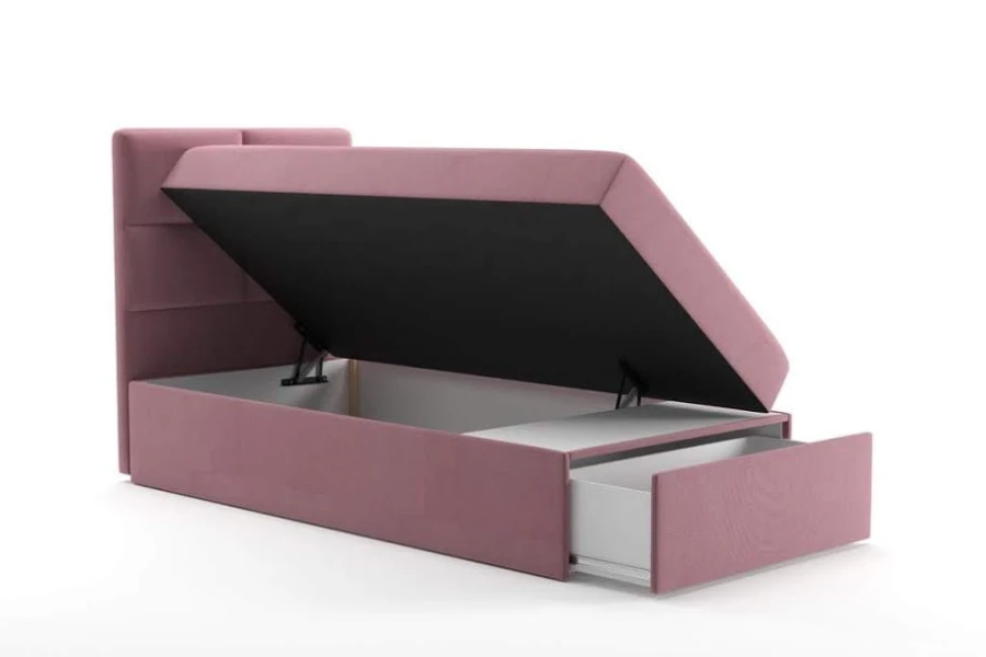 Rosa Polsterbett mit Bettkasten und ausziehbarer Schublade für zusätzlichen Stauraum.