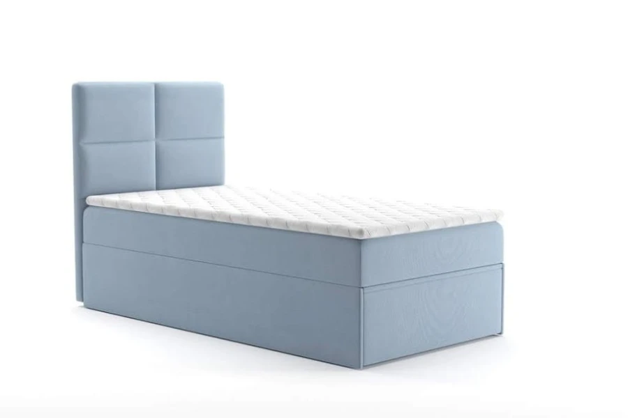 Hellblaues Einzel-Boxspringbett mit gestepptem Kopfteil in schlichtem Design.