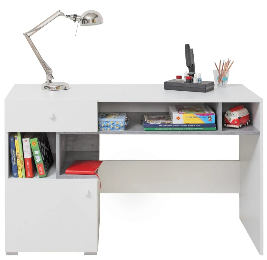 Kinder-Schreibtisch in Weiß und Grau mit integriertem Regal und Schreibtischlampe.