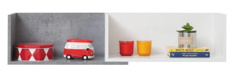Stylisches Hängeregal in Weiß-Grau, perfekt für Kinderzimmer-Deko und Bücher.
