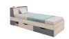 Modernes Jugendbett mit Stauraum in Eiche-Optik und Grau, inklusive Regal-Kopfteil.