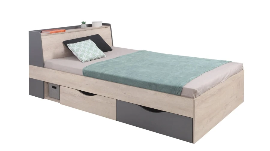 Modernes Jugendbett mit Stauraum in Eiche-Optik und Anthrazit, inklusive praktischen Bettschubladen.