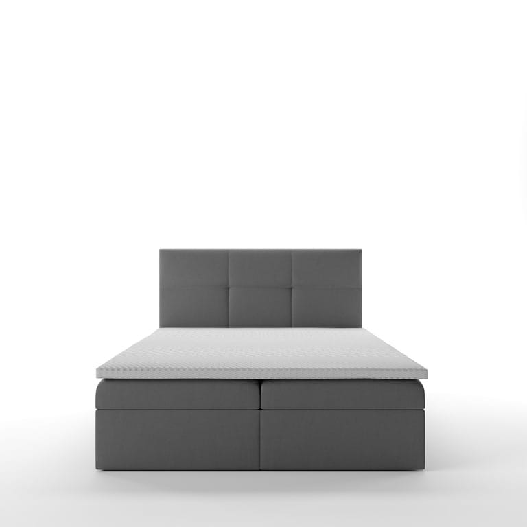 Frontalansicht eines grauen Boxspringbetts mit weißem Topper.