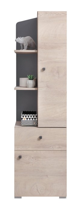 Hoher Schrank in Eiche-Optik mit grauen Akzenten, Schublade und offenen Regalen für das Jugendzimmer.