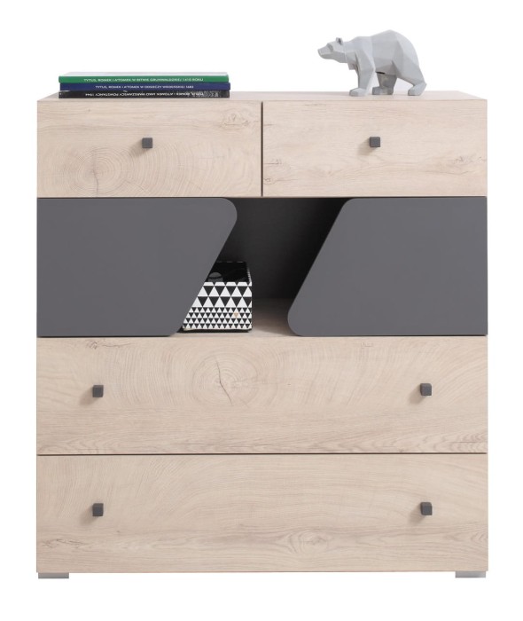 Stilvolle Kommode in Eiche-Optik und Grau mit geometrischem Design.