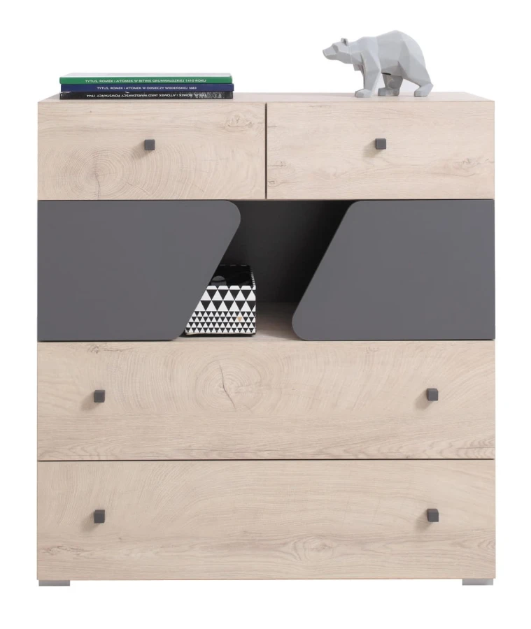 Stilvolle Kommode in Eiche-Optik und Grau mit geometrischem Design.