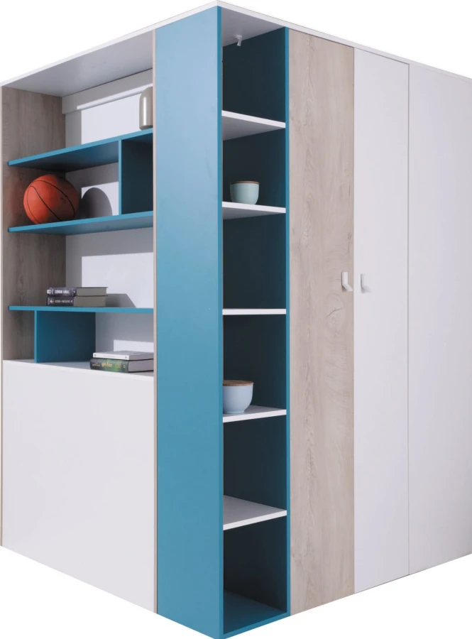 Begehbarer Eckkleiderschrank für das Jugendzimmer in Weiß, Blau und Eiche-Nachbildung.