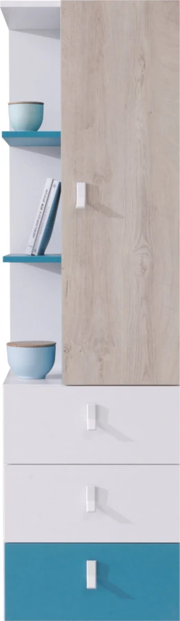 Schmaler Hochschrank fürs Jugendzimmer in Weiß, Eiche und Türkis mit Regalfächern und Schubladen.