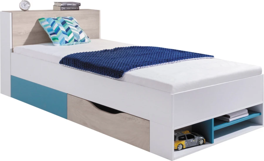 Jugendbett mit Stauraum in Weiß, Eiche und Türkis inklusive Bettkasten und Regalfächern.