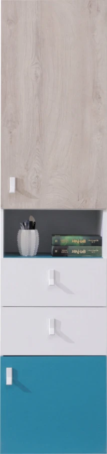 Hoher Schrank für das Jugendzimmer mit Schubladen und Regalfach in Blau-Weiß-Holzoptik.