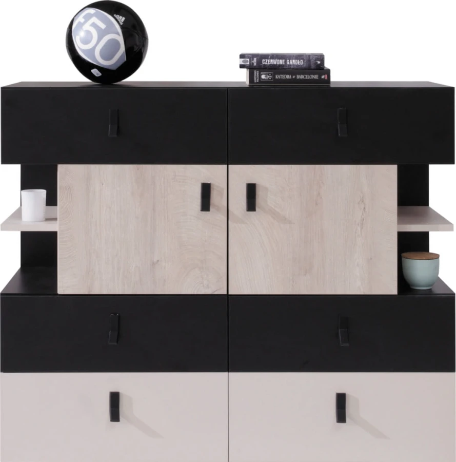 Moderne Kommode in Schwarz und heller Eiche-Optik mit Schubladen und Türen.