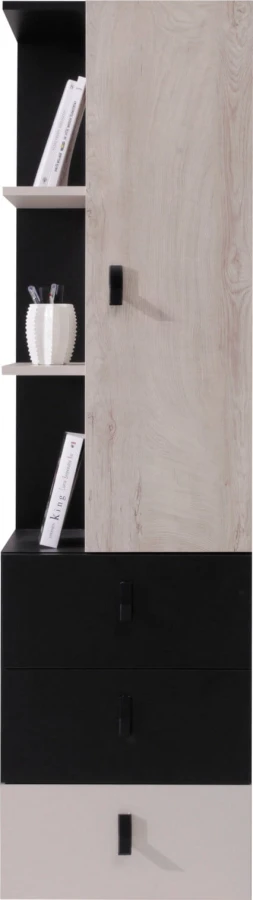Hoher Mehrzweckschrank mit Tür in heller Holzoptik und schwarzen Schubladen.