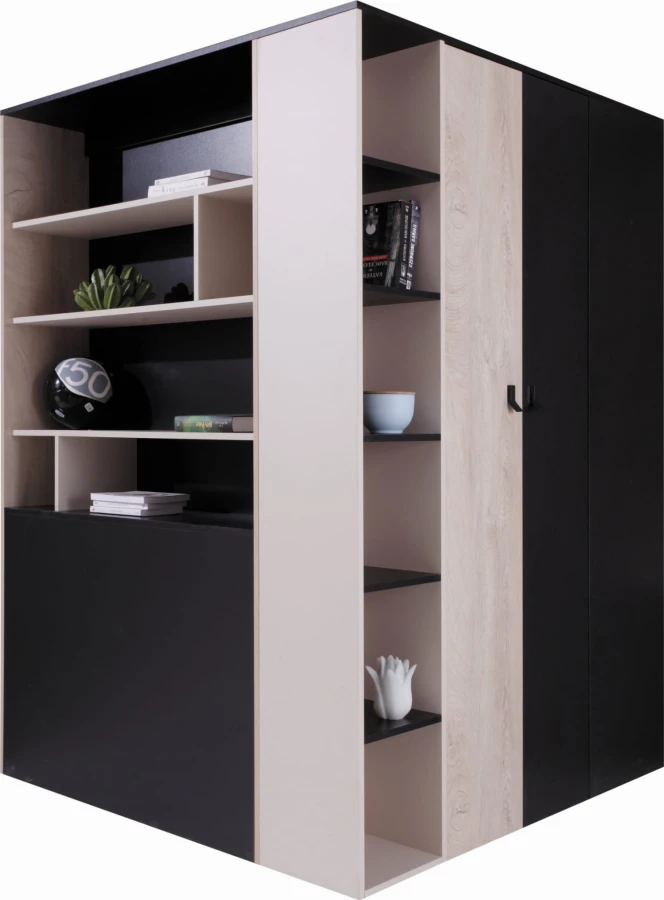 Multifunktionaler Eckkleiderschrank mit integrierten Regalen in Schwarz und Eiche-Optik.