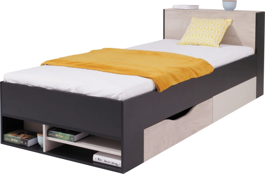 Funktionelles Jugendbett in Anthrazit und Eiche mit Schubladen und Regalfächern.
